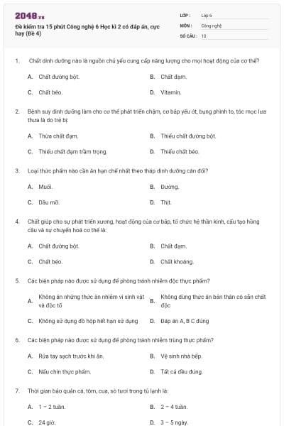 Đề kiểm tra 15 phút Công nghệ 6 Học kì 2 có đáp án, cực hay (Đề 4)