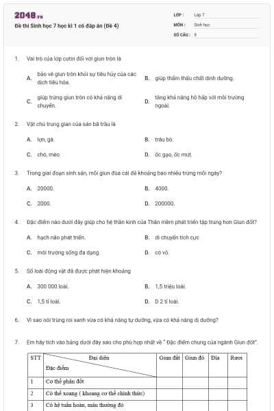 Đề thi Sinh học 7 học kì 1 có đáp án (Đề 4)