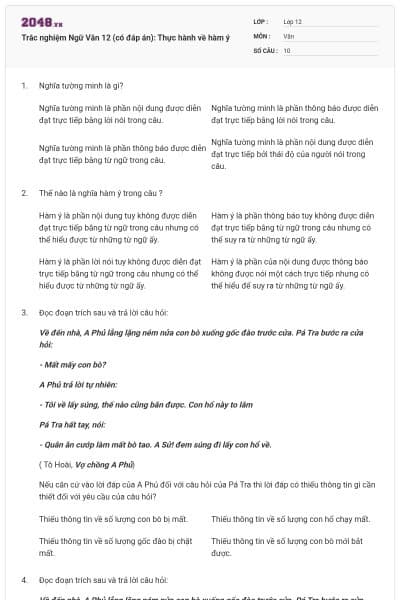 Trắc nghiệm Ngữ Văn 12 (có đáp án): Thực hành về hàm ý