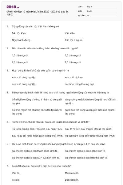 Đề thi vào lớp 10 môn Địa Lí năm 2020 - 2021 có đáp án (Đề 2)