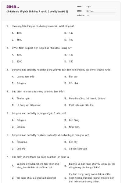 Đề kiểm tra 15 phút Sinh học 7 học kì 2 có đáp án (Đề 2)