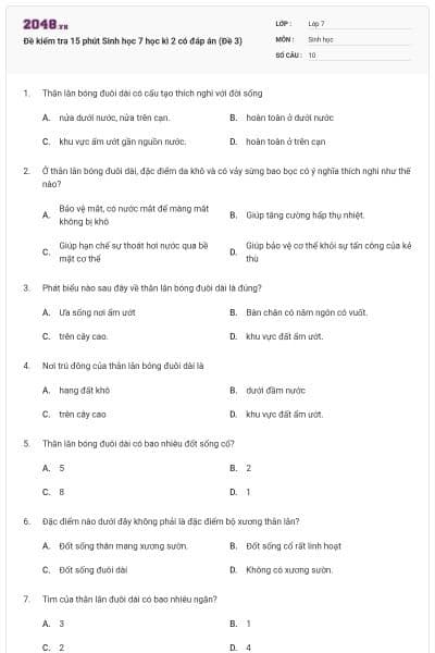 Đề kiểm tra 15 phút Sinh học 7 học kì 2 có đáp án (Đề 3)