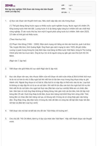 Bài tập trắc nghiệm Viết đoan văn trong văn bản thuyết minh (có đáp án)