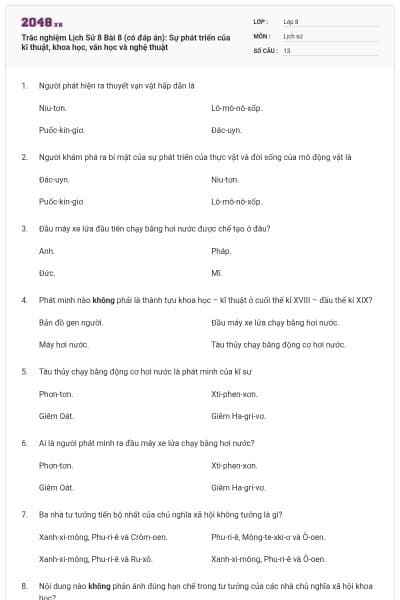 Trắc nghiệm Lịch Sử 8 Bài 8 (có đáp án): Sự phát triển của kĩ thuật, khoa học, văn học và nghệ thuật