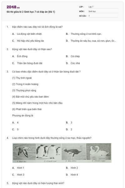 Đề thi giữa kì 2 Sinh học 7 có đáp án (Đề 1)