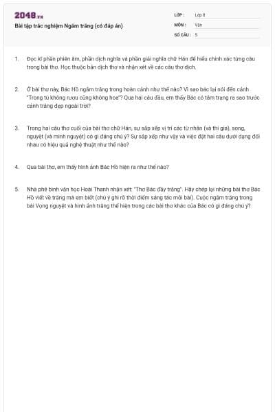 Bài tập trắc nghiệm Ngắm trăng (có đáp án)