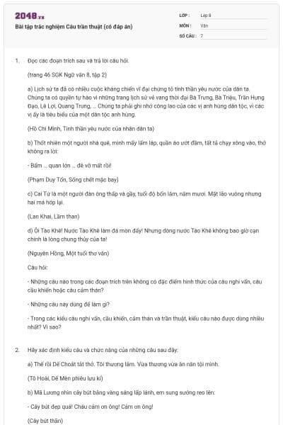 Bài tập trắc nghiệm Câu trần thuật (có đáp án)