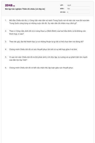 Bài tập trắc nghiệm Thiên đô chiếu (có đáp án)