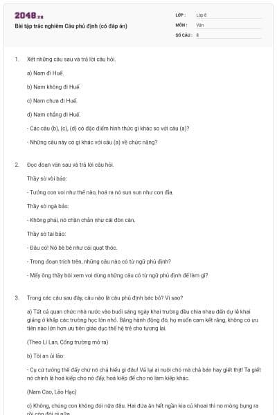 Bài tập trắc nghiêm Câu phủ định (có đáp án)