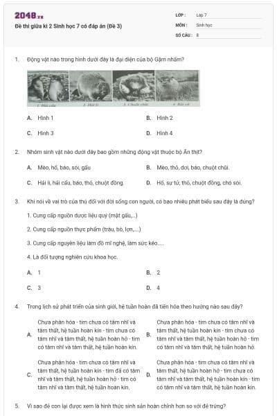 Đề thi giữa kì 2 Sinh học 7 có đáp án (Đề 3)
