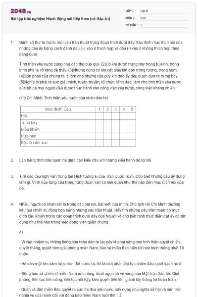 Bài tập trắc nghiệm Hành động nói tiếp theo (có đáp án)