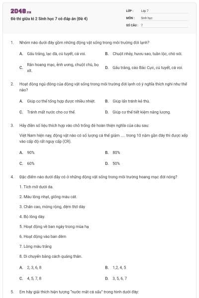 Đề thi giữa kì 2 Sinh học 7 có đáp án (Đề 4)