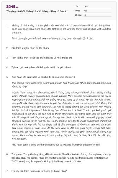 Tổng hợp câu hỏi: Hoàng Lê nhất thống chí hay có đáp án