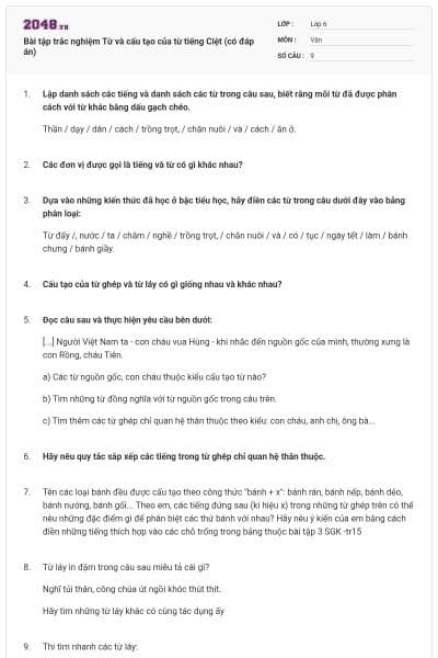 Bài tập trắc nghiệm Từ và cấu tạo của từ tiếng Ciệt (có đáp án)  