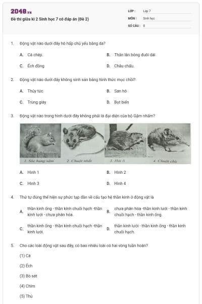 Đề thi giữa kì 2 Sinh học 7 có đáp án (Đề 2)