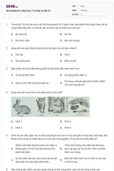 Đề thi giữa kì 2 Sinh học 7 có đáp án (Đề 3)