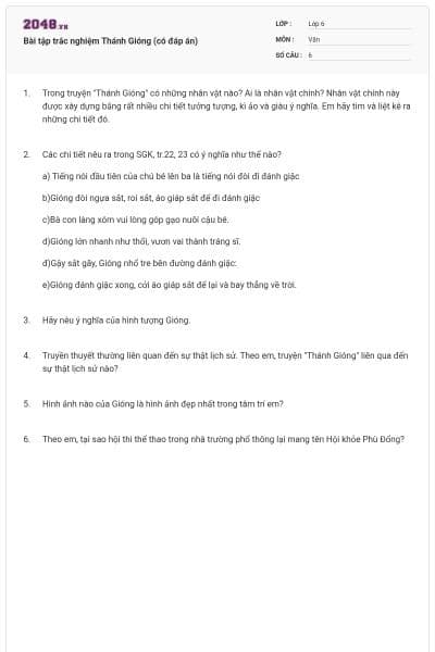 Bài tập trắc nghiệm Thánh Gióng (có đáp án)