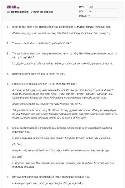 Bài tập trắc nghiệm Từ mươn (có đáp án)