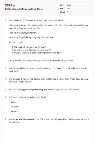 Bài tập trắc nghiệm Nghĩa của từ (có đáp án)