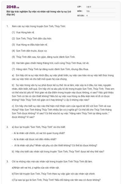 Bài tập trắc nghiệm Sự việc và nhân vật trong văn tự sự (có đáp án)