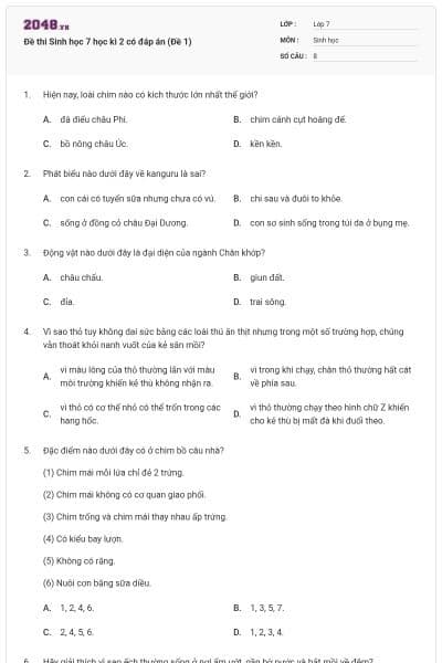 Đề thi Sinh học 7 học kì 2 có đáp án (Đề 1)
