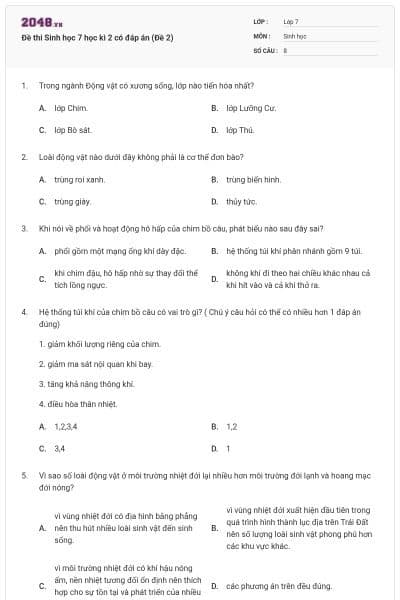 Đề thi Sinh học 7 học kì 2 có đáp án (Đề 2)