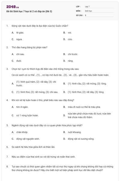 Đề thi Sinh học 7 học kì 2 có đáp án (Đề 3)