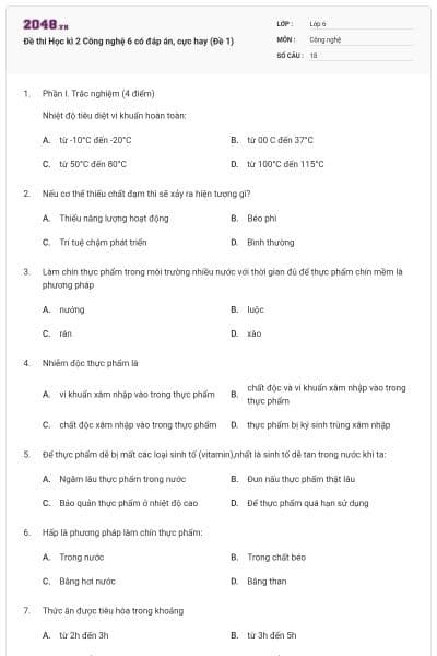 Đề thi Học kì 2 Công nghệ 6 có đáp án, cực hay (Đề 1)