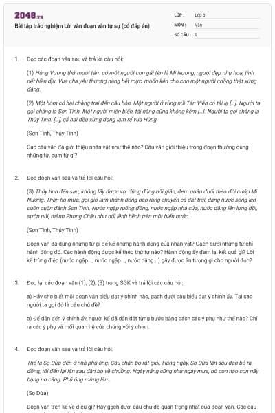 Bài tập trắc nghiệm Lời văn đoạn văn tự sự (có đáp án)