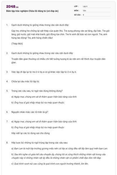 Bàin tập trắc nghiệm Chữa lỗi dùng từ (có đáp án)