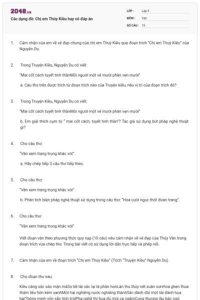 Các dạng đề: Chị em Thúy Kiều hay có đáp án