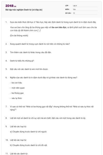 Bài tập trắc nghiệm Danh từ (có đáp án)   