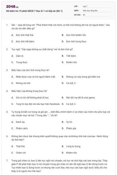 Đề kiểm tra 15 phút GDCD 7 Học kì 1 có đáp án (Đề 1)