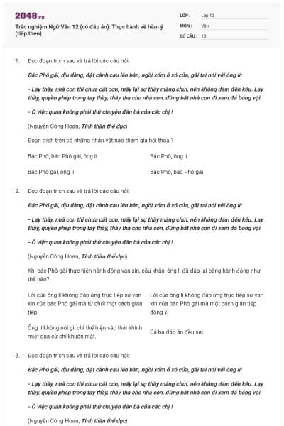 Trắc nghiệm Ngữ Văn 12 (có đáp án): Thực hành về hàm ý (tiếp theo)