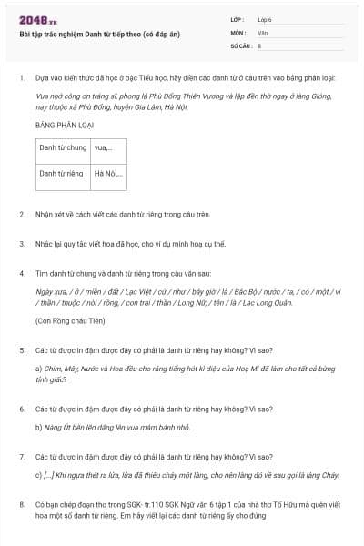 Bài tập trắc nghiệm Danh từ tiếp theo (có đáp án) 