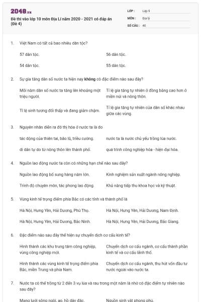 Đề thi vào lớp 10 môn Địa Lí năm 2020 - 2021 có đáp án (Đề 4)