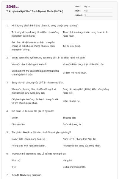 Trắc nghiệm Ngữ Văn 12 (có đáp án): Thuốc (Lỗ Tấn)