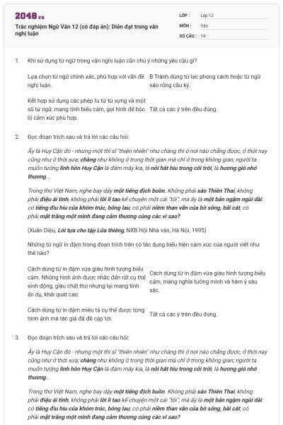 Trắc nghiệm Ngữ Văn 12 (có đáp án): Diễn đạt trong văn nghị luận