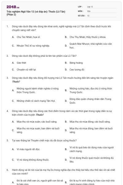 Trắc nghiệm Ngữ Văn 12 (có đáp án): Thuốc (Lỗ Tấn) (Phần 2)