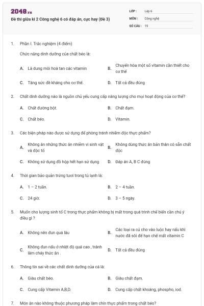 Đề thi giữa kì 2 Công nghệ 6 có đáp án, cực hay (Đề 3)