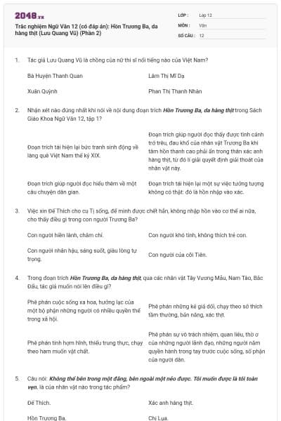 Trắc nghiệm Ngữ Văn 12 (có đáp án): Hồn Trương Ba, da hàng thịt (Lưu Quang Vũ) (Phần 2)