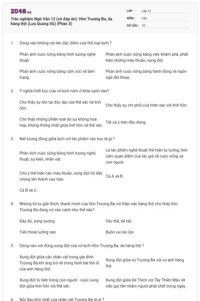 Trắc nghiệm Ngữ Văn 12 (có đáp án): Hồn Trương Ba, da hàng thịt (Lưu Quang Vũ) (Phần 3)