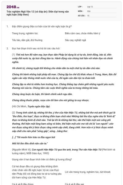 Trắc nghiệm Ngữ Văn 12 (có đáp án): Diễn đạt trong văn nghị luận (tiếp theo)