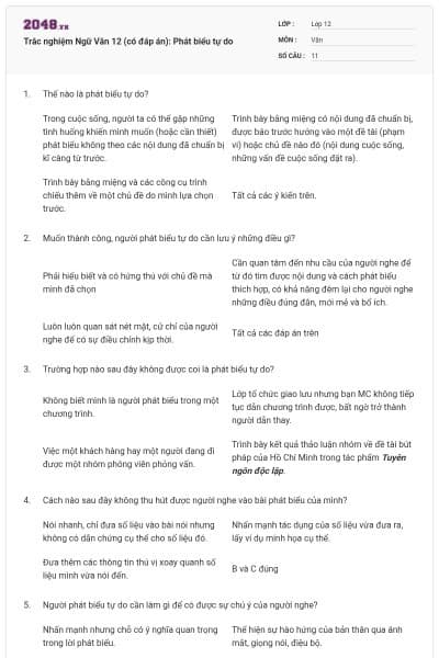 Trắc nghiệm Ngữ Văn 12 (có đáp án): Phát biểu tự do