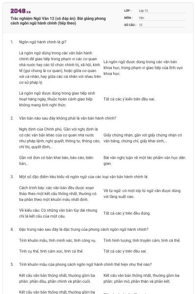Trắc nghiệm Ngữ Văn 12 (có đáp án): Bài giảng phong cách ngôn ngữ hành chính (tiếp theo)