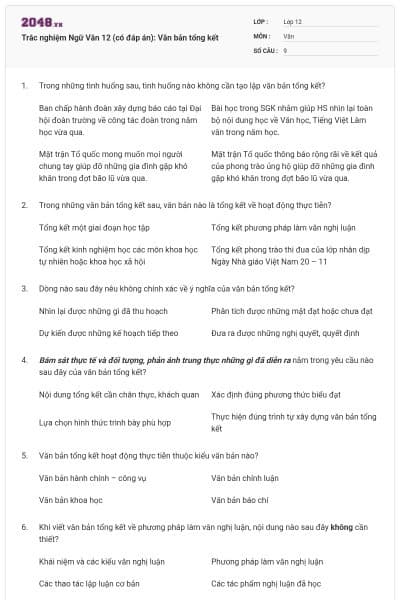 Trắc nghiệm Ngữ Văn 12 (có đáp án): Văn bản tổng kết