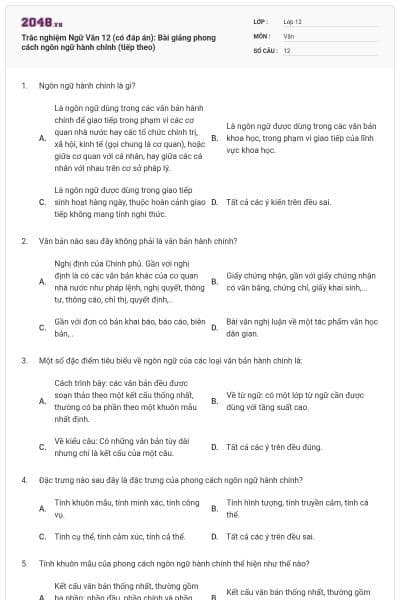 Trắc nghiệm Ngữ Văn 12 (có đáp án): Bài giảng phong cách ngôn ngữ hành chính (tiếp theo)