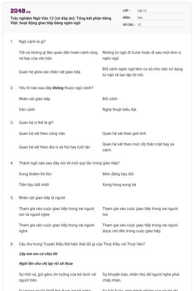 Trắc nghiệm Ngữ Văn 12 (có đáp án): Tổng kết phần tiếng Việt: hoạt động giao tiếp bằng ngôn ngữ