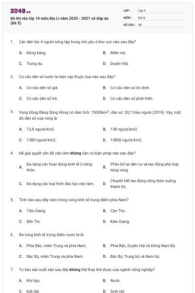 Đề thi vào lớp 10 môn Địa Lí năm 2020 - 2021 có đáp án (Đề 5)