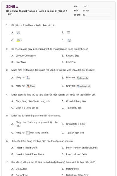 Đề kiểm tra 15 phút Tin học 7 Học kì 2 có đáp án (Bài số 2 - Đề 1)